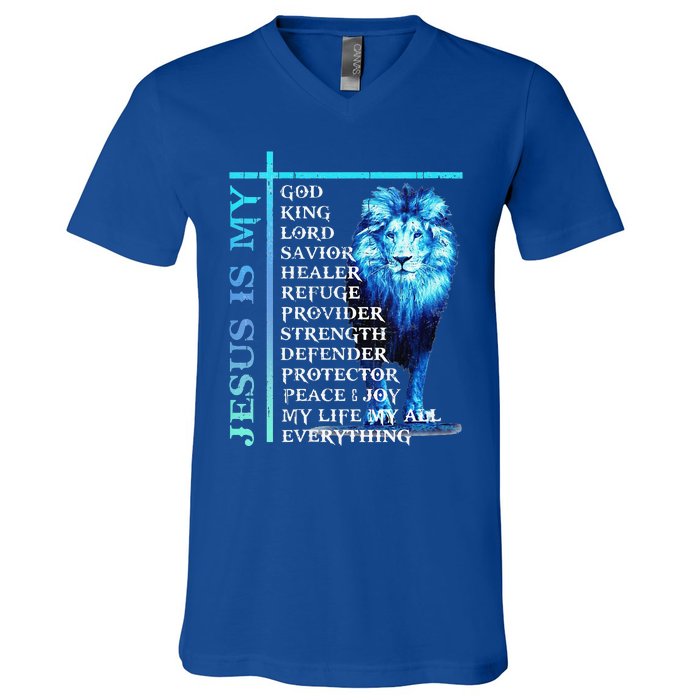 Funny Jesus Is My God King My Lord My Savior Blue Lion Christian V-Neck T-Shirt