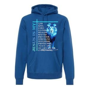 Funny Jesus Is My God King My Lord My Savior Blue Lion Christian Premium Hoodie