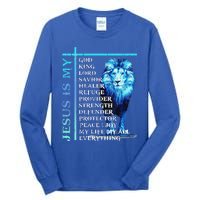 Funny Jesus Is My God King My Lord My Savior Blue Lion Christian Tall Long Sleeve T-Shirt