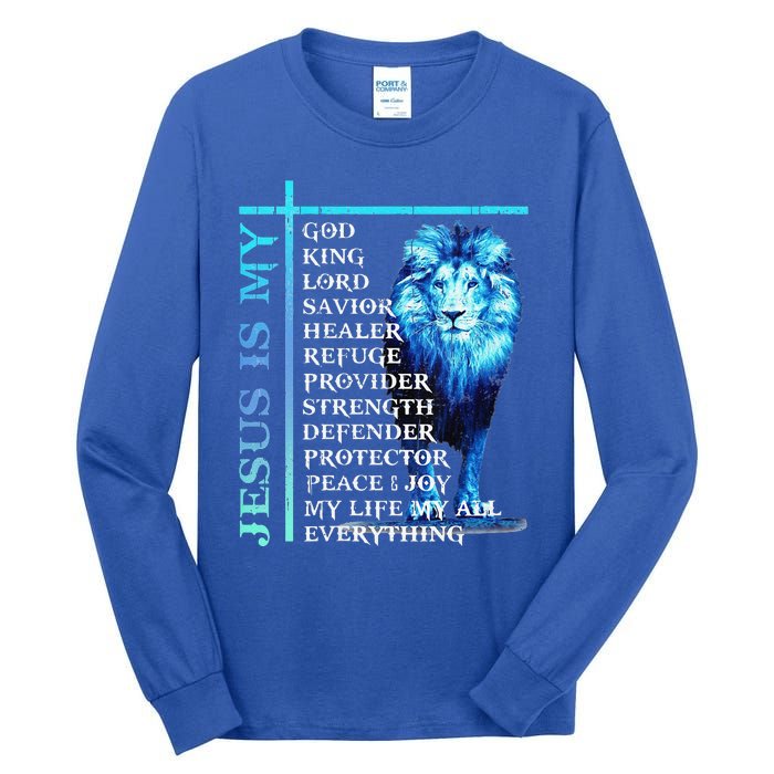 Funny Jesus Is My God King My Lord My Savior Blue Lion Christian Tall Long Sleeve T-Shirt