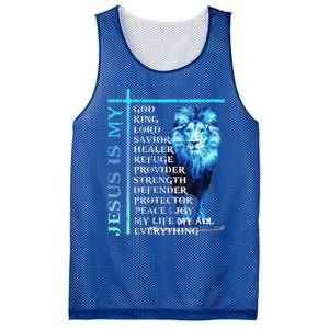 Funny Jesus Is My God King My Lord My Savior Blue Lion Christian Mesh Reversible Basketball Jersey Tank