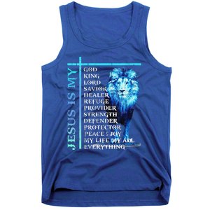 Funny Jesus Is My God King My Lord My Savior Blue Lion Christian Tank Top