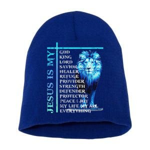 Funny Jesus Is My God King My Lord My Savior Blue Lion Christian Short Acrylic Beanie