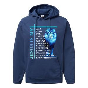 Funny Jesus Is My God King My Lord My Savior Blue Lion Christian Performance Fleece Hoodie