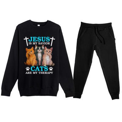 Funny Jesus Is My Savior Cats Are My Therapy Christian Premium Crewneck Sweatsuit Set