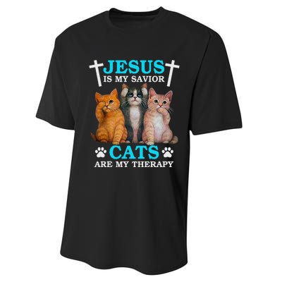 Funny Jesus Is My Savior Cats Are My Therapy Christian Performance Sprint T-Shirt