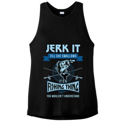 Funny Jerk It Till She Swallows Trout Bass Fishing Gear Ladies PosiCharge Tri-Blend Wicking Tank