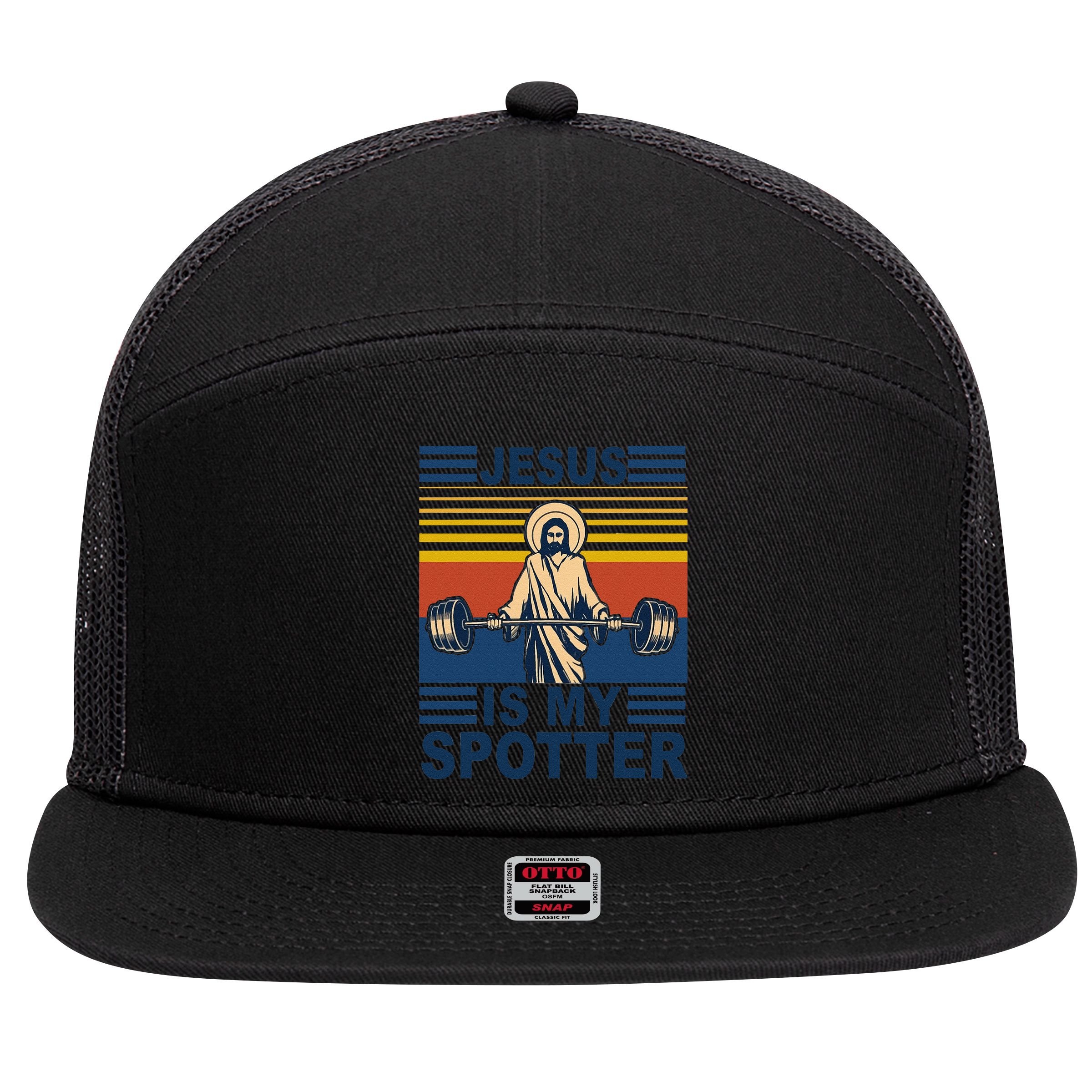 Fitness Jesus Is My Spotter Vintage 7 Panel Mesh Trucker Snapback Hat