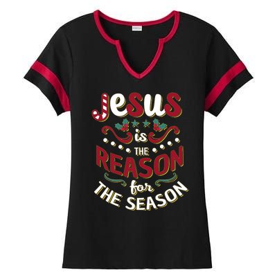 Festive Jesus Is The Reason For The Season Ladies Halftime Notch Neck Tee