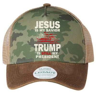 Funny Jesus Is My Savior Trump Is Still My President Legacy Tie Dye Trucker Hat