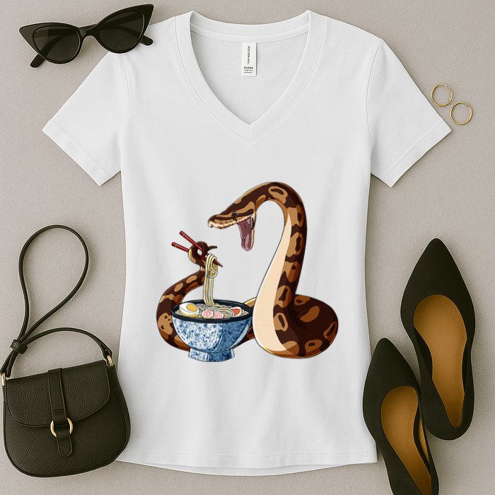 Funny Japanese Kawaii Ramen Snake Cute Ball Python Women's V-Neck T-Shirt