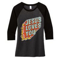 funny Jesus Loves You religious Vintage Style Women's Tri-Blend 3/4-Sleeve Raglan Shirt