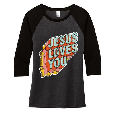 funny Jesus Loves You religious Vintage Style Women's Tri-Blend 3/4-Sleeve Raglan Shirt