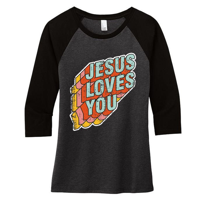 funny Jesus Loves You religious Vintage Style Women's Tri-Blend 3/4-Sleeve Raglan Shirt