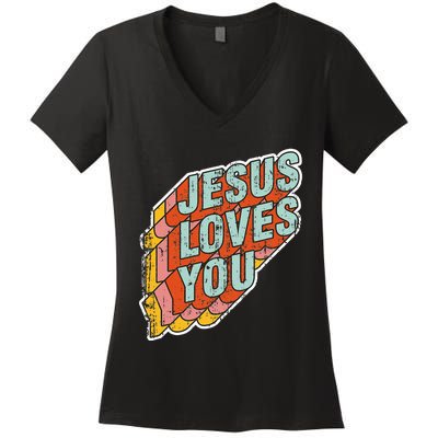 funny Jesus Loves You religious Vintage Style Women's V-Neck T-Shirt