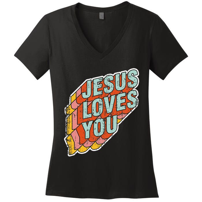 funny Jesus Loves You religious Vintage Style Women's V-Neck T-Shirt