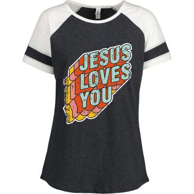 funny Jesus Loves You religious Vintage Style Enza Ladies Jersey Colorblock Tee