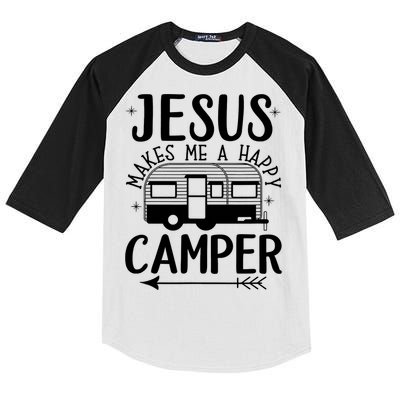 Funny Jesus Makes Me A Happy Camper Kids Colorblock Raglan Jersey