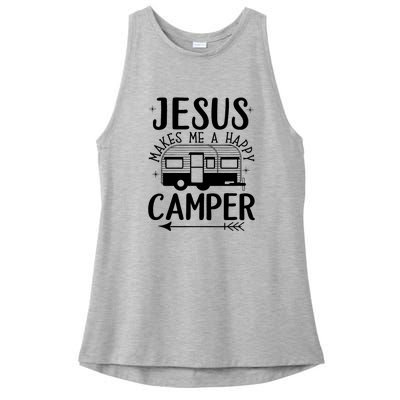 Funny Jesus Makes Me A Happy Camper Ladies PosiCharge Tri-Blend Wicking Tank