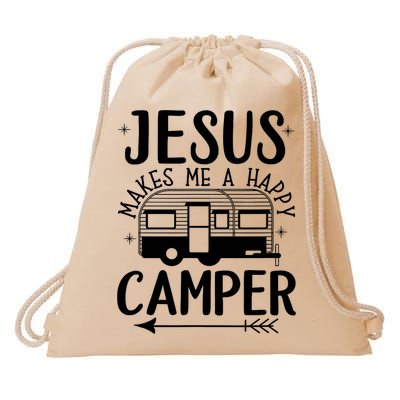 Funny Jesus Makes Me A Happy Camper Drawstring Bag