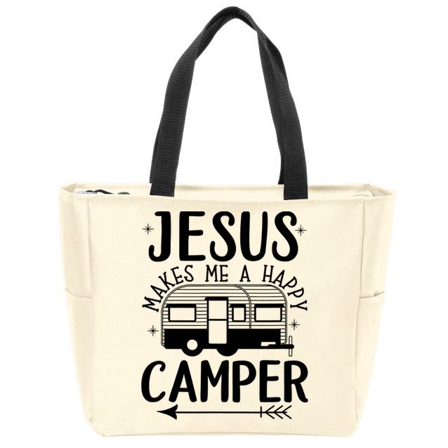 Funny Jesus Makes Me A Happy Camper Zip Tote Bag