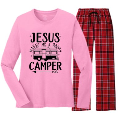 Funny Jesus Makes Me A Happy Camper Women's Long Sleeve Flannel Pajama Set 