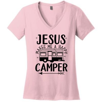 Funny Jesus Makes Me A Happy Camper Women's V-Neck T-Shirt