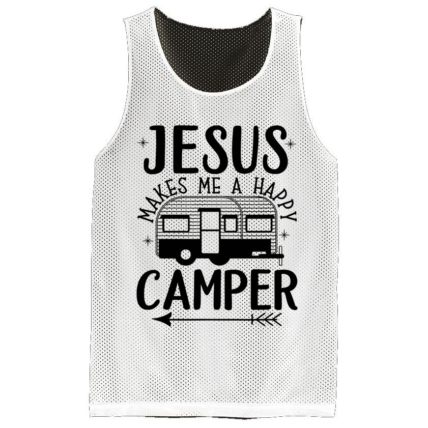 Funny Jesus Makes Me A Happy Camper Mesh Reversible Basketball Jersey Tank