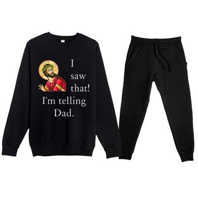 Funny Jesus Meme I Saw That Im Telling Dad Christian Joke Premium Crewneck Sweatsuit Set