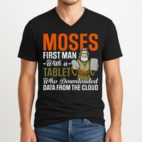 Funny Jewish Passover Moses Tablet Data Cloud Computing Pun V-Neck T-Shirt