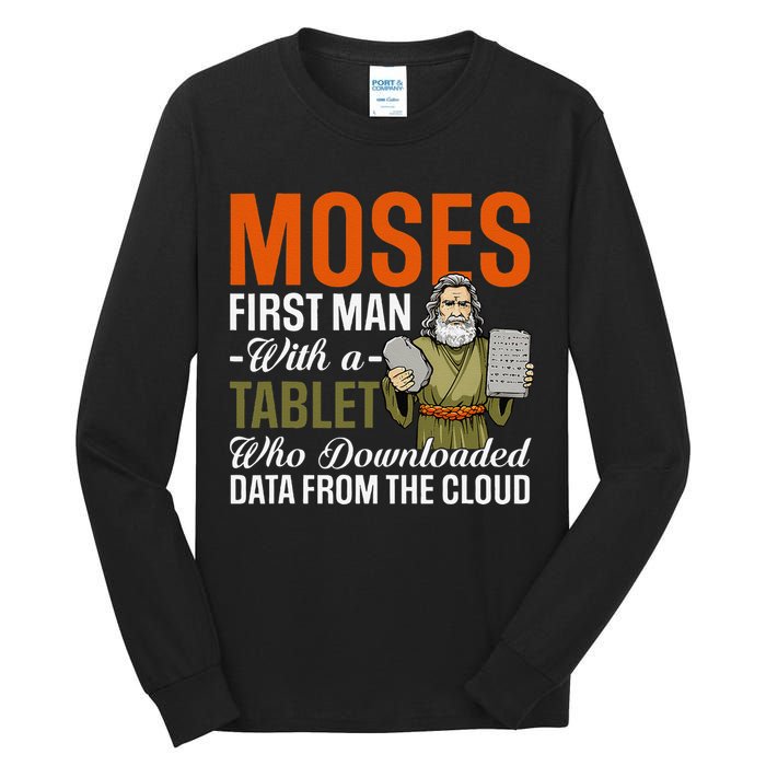 Funny Jewish Passover Moses Tablet Data Cloud Computing Pun Tall Long Sleeve T-Shirt