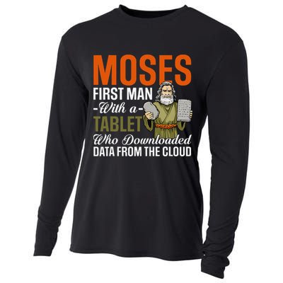 Funny Jewish Passover Moses Tablet Data Cloud Computing Pun Cooling Performance Long Sleeve Crew