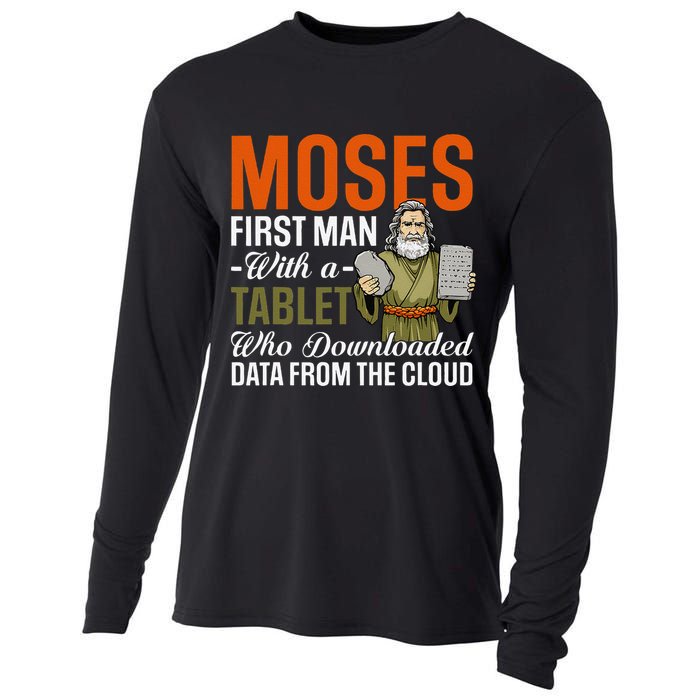Funny Jewish Passover Moses Tablet Data Cloud Computing Pun Cooling Performance Long Sleeve Crew