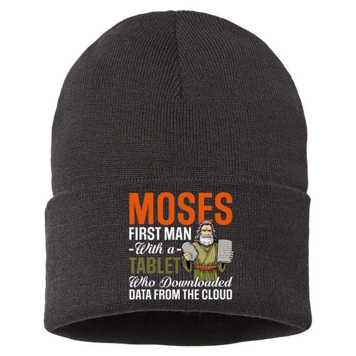 Funny Jewish Passover Moses Tablet Data Cloud Computing Pun Sustainable Knit Beanie