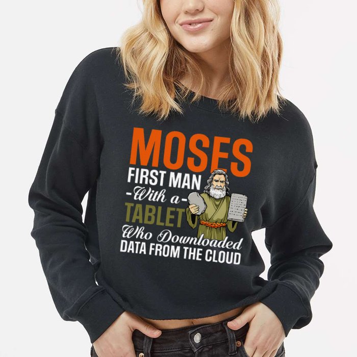 Funny Jewish Passover Moses Tablet Data Cloud Computing Pun Cropped Pullover Crew