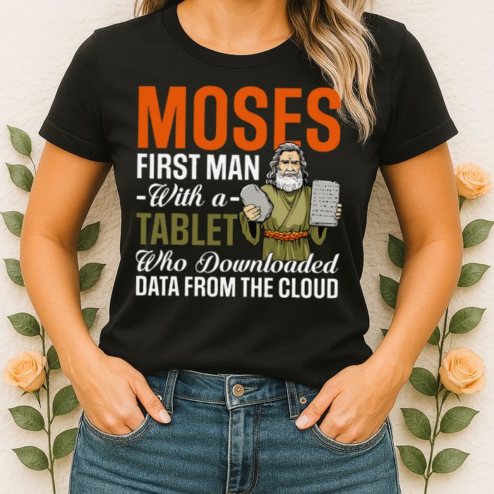 Funny Jewish Passover Moses Tablet Data Cloud Computing Pun Womens T-Shirt