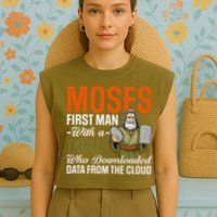 Funny Jewish Passover Moses Tablet Data Cloud Computing Pun Garment-Dyed Women's Muscle Tee