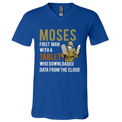 Funny Jewish Passover Moses Tablet Data Cloud Computing Gift V-Neck T-Shirt