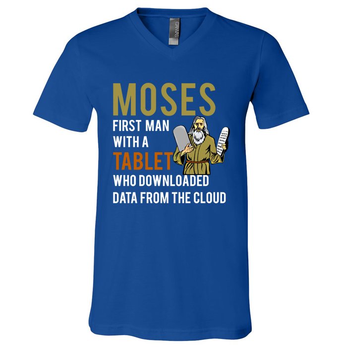 Funny Jewish Passover Moses Tablet Data Cloud Computing Gift V-Neck T-Shirt