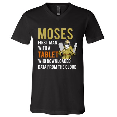 Funny Jewish Passover Moses Tablet Data Cloud Computing V-Neck T-Shirt