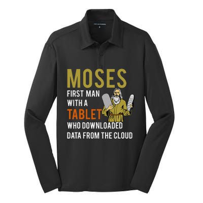 Funny Jewish Passover Moses Tablet Data Cloud Computing Silk Touch Performance Long Sleeve Polo