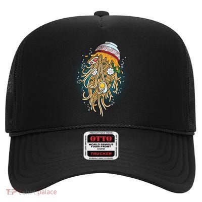 Funny Jellyfish Ramen Bowl High Crown Mesh Back Trucker Hat