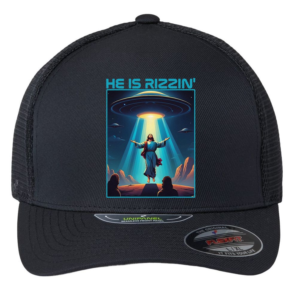 Funny Jesus Rizzin Easter Ufo Alien Abduction Space Christ Flexfit Unipanel Trucker Cap