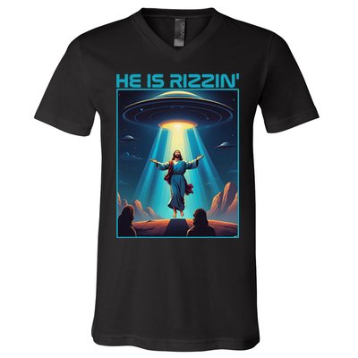 Funny Jesus Rizzin Easter Ufo Alien Abduction Space Christ V-Neck T-Shirt
