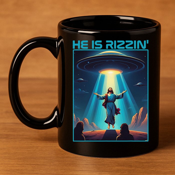 Funny Jesus Rizzin Easter Ufo Alien Abduction Space Christ 11oz C Handle Ceramic Mug