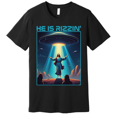 Funny Jesus Rizzin Easter Ufo Alien Abduction Space Christ Premium T-Shirt