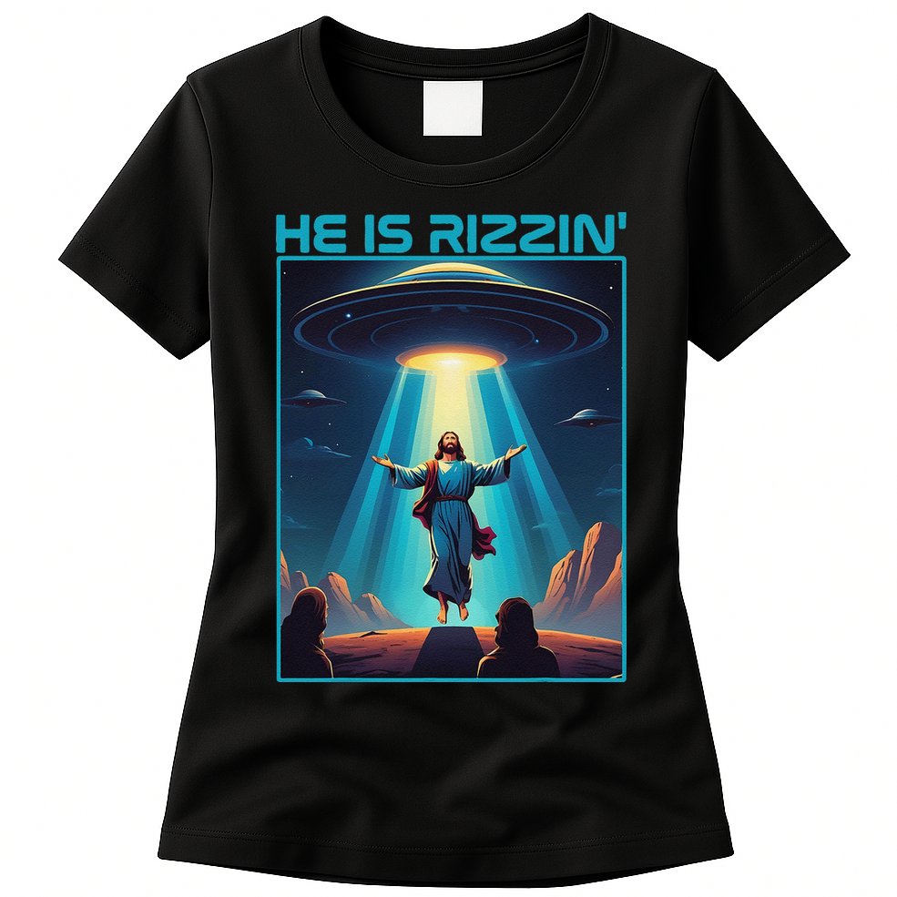 Funny Jesus Rizzin Easter Ufo Alien Abduction Space Christ Womens T-Shirt