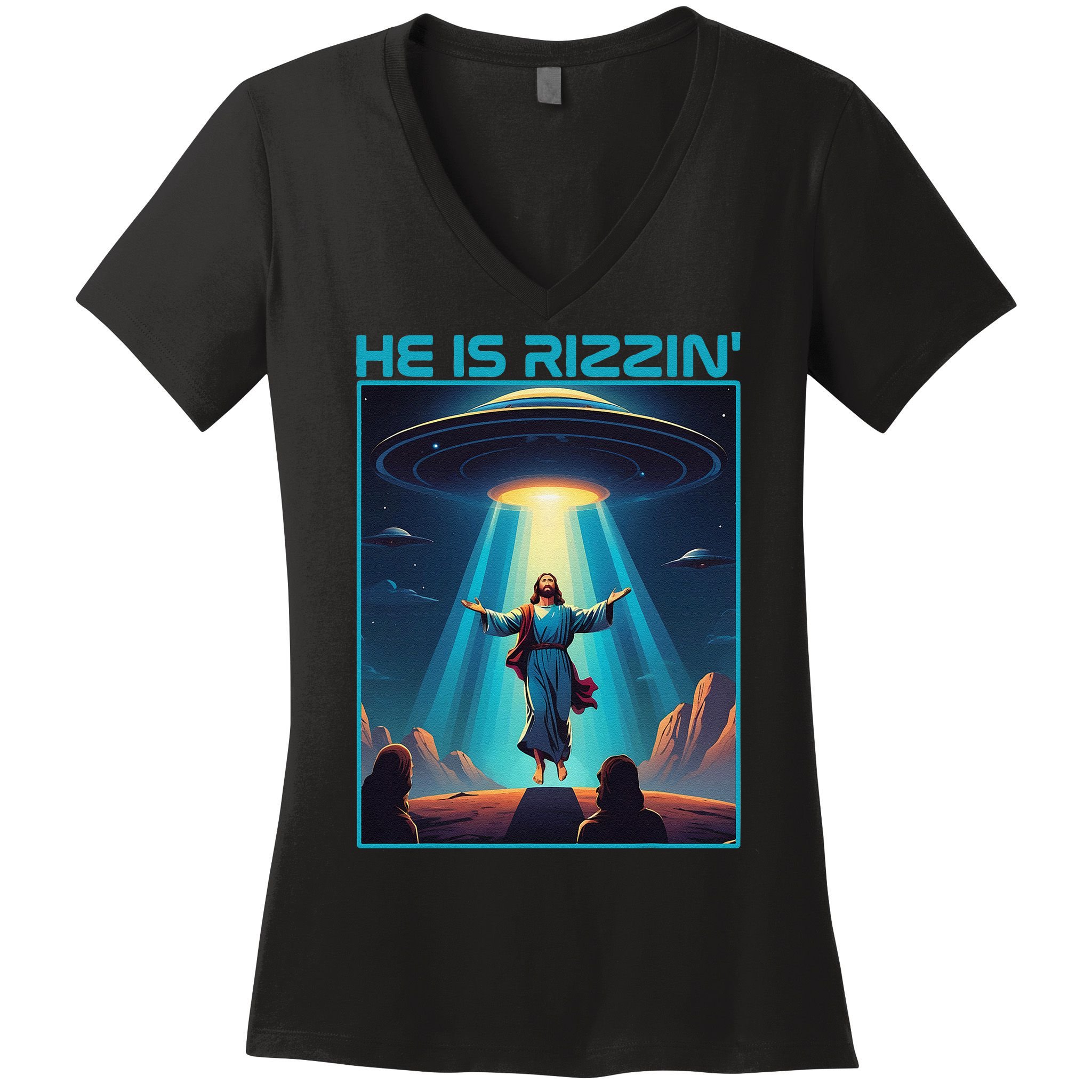 Funny Jesus Rizzin Easter Ufo Alien Abduction Space Christ Women's V-Neck T-Shirt