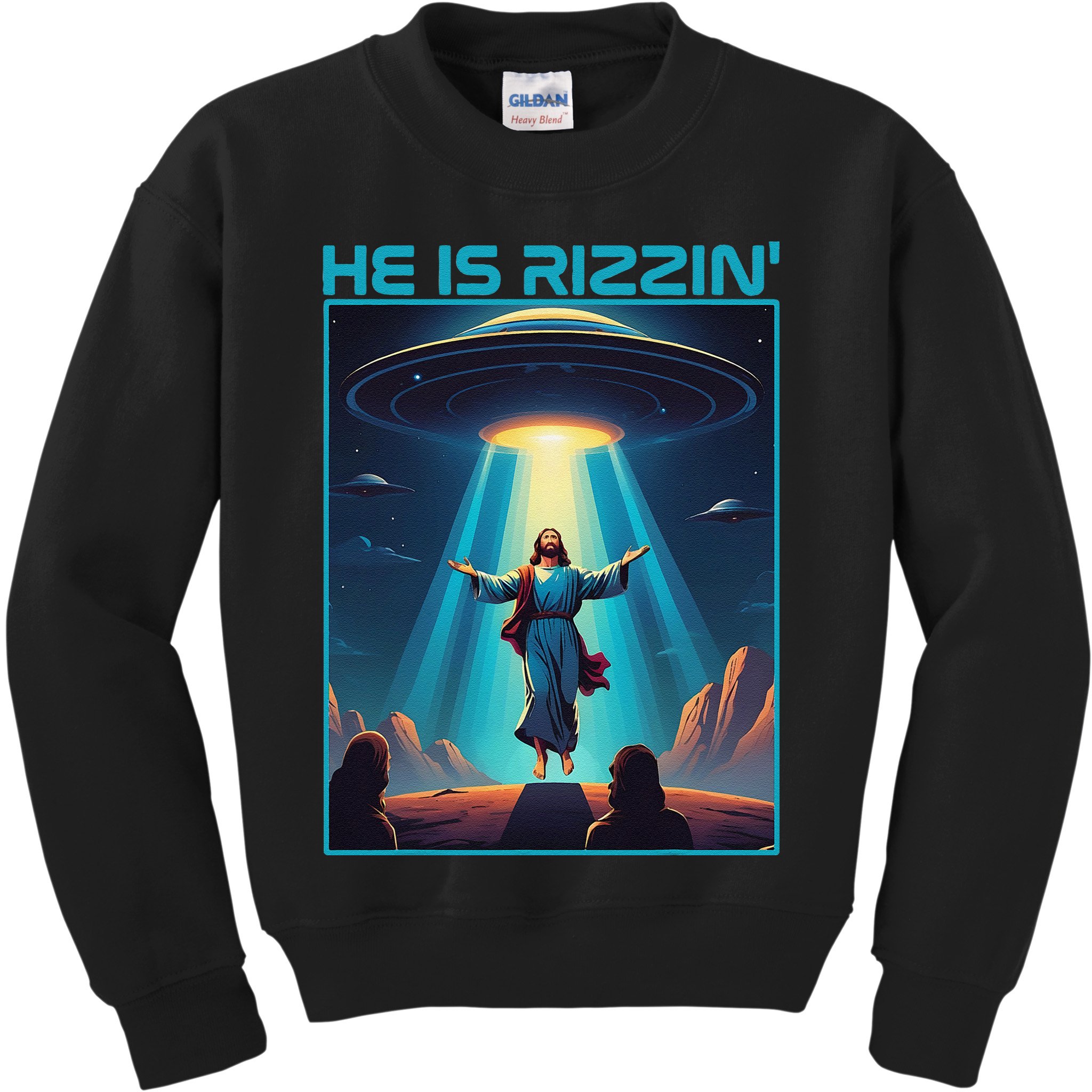 Funny Jesus Rizzin Easter Ufo Alien Abduction Space Christ Kids Sweatshirt