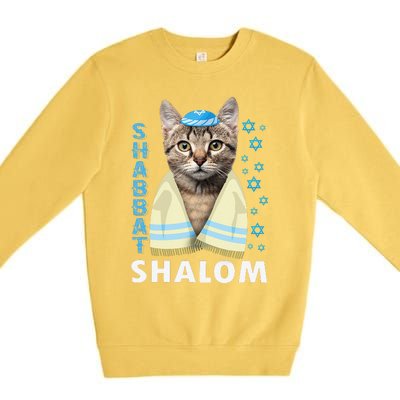 Funny Jewish Shabbat Shalom Cute Cat With Kippah Premium Crewneck Sweatshirt